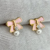 Pink Bow & Pearl Studs 2.3 Grams, 18KT Gold